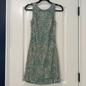 Aidan Mattox blue green sequin lace dress